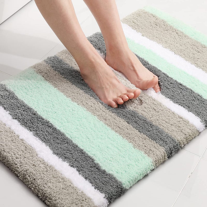 Buganda Microfiber Striped Bathroom Rugs Bath Mat Extra Thick Soft and Shaggy Absorbent Machine Washable AntiSlip Bath Rugs for Bathroom Tub and Shower 24x16 GreenGrey