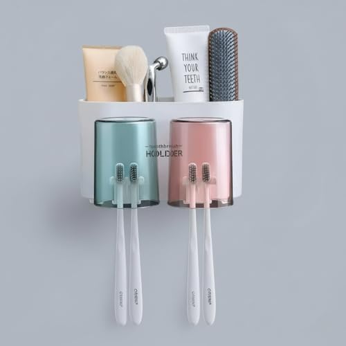 SWAZE Wall Mounted Toothbrush Holder for Bathroom - Stickable Brush Stand with Cover | Tooth Brush & Paste Holder for Bathroom Wall | Bathroom Brush Holder for Wash Basin | Plastic Stand Set (2 Cups) - Image 1