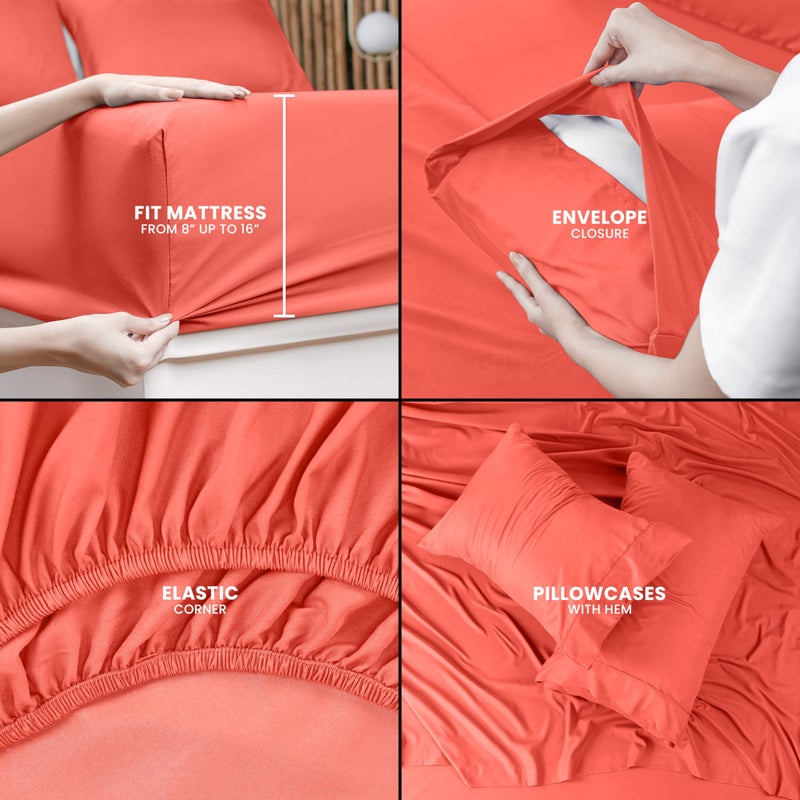 Utopia Bedding Queen Bed Sheets Set - 4 Piece Bedding - Brushed Microfiber - Shrinkage and Fade Resistant - Easy Care (Queen, Coral) - Image 4