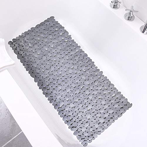 SONGZIMING Pebble Bath Mat 35x16 Inches for Bathtub to Non Slip in Shower with Drain Holes, Suction Cups (Grey) - Image 1