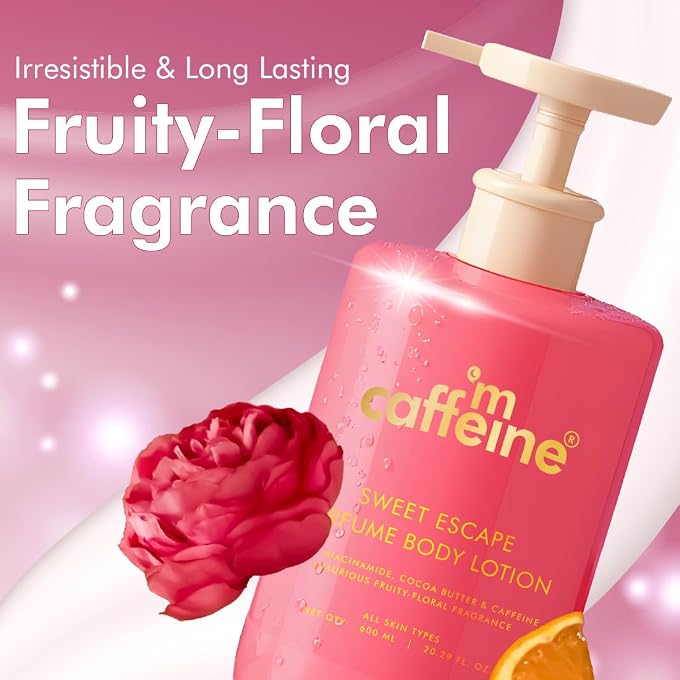 mCaffeine Sweet Escape Perfume Body Lotion | Niacinamide, Cocoa Butter & Shea Butter For Deep Moisturization | Lightweight, Non-Sticky | Fruity-Floral Fragrance | Body Lotion For Dry Skin - 600ml - Image 3