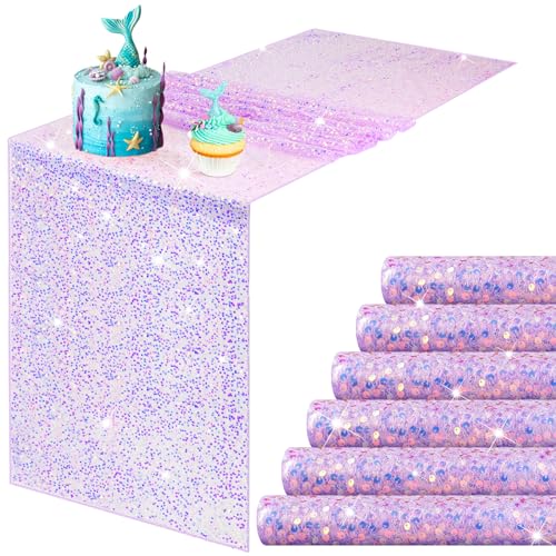 Remagr 6 Pcs Iridescent Sequin Table Runner 12 x 72 Inch Mermaid Table Runner Glitter Sequin Sparkly Desk Cover for Wedding Birthday Party Ceremony Supplies Decor (Purple) - Image 1
