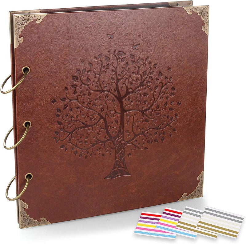 ADVcer Photo Album DIY Scrapbook (10x10 inch 50 Pages Double Sided), Vintage Leather Cover Three-Ring Binder Family Picture Booth with 9 Color 408pcs Self Adhesive Photos Corners for Memory Keep, Tree - Image 1