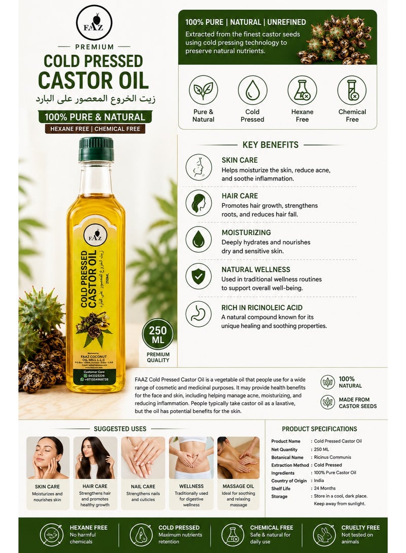 FAAZ Cold Pressed Castor Oil 250ml | 100% Pure & Natural | Hexane Free | Premium Hair & Skin Care Oil - Image 2