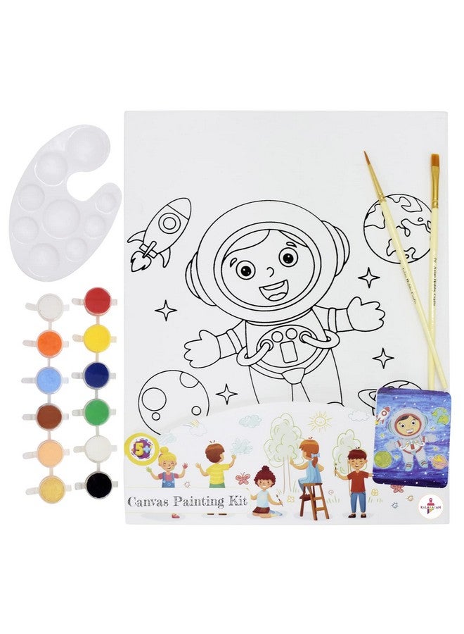 Kalakaram DIY Canvas Painting Kit for Kids - Pre-Printed Designs Wooden Frame Canvas Board with Paint & Brush | Birthday Return Gift | Creative Painting Activity Kit for Children | Ages 4-12 | A4 Size - Space Boy - Image 1