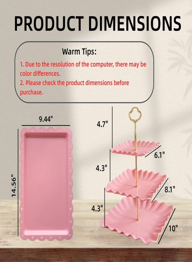RAUVOLFIA 5 Pcs Cupcake Stand Set - Pink Plastic Dessert Table Display Set, 2x Pink Square 3 Tier Cupcake Display Stands Cookie Tray Rack Serving Tower & 3x 14 in Plastic Trays for Wedding Baby Shower Tea Party - Image 2