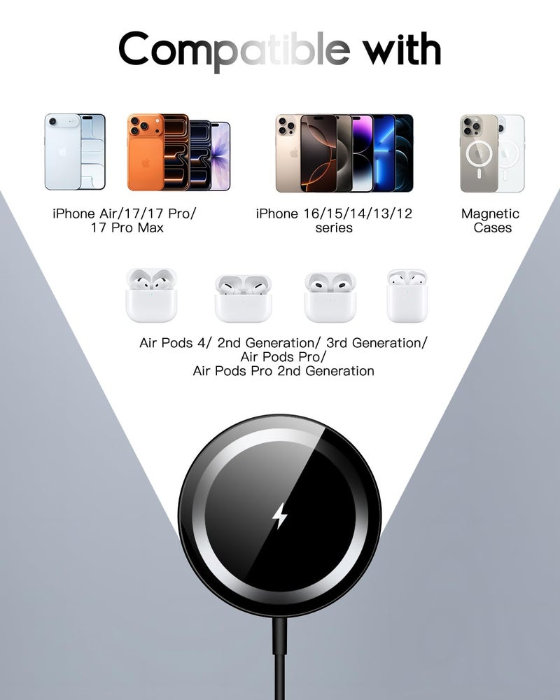Ynhaw for Mag-Safe Charger, Magnetic Wireless Charger Made for iPhone 17/17 Pro/17 Pro Max/Air/16/15/14/13/12 Series, Mag Safe Charging Pad for AirPods Pro 3 2 (Black) - Image 3