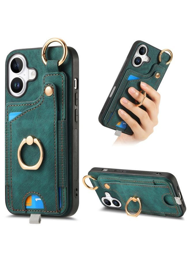 HuHa Case Cover For iPhone 16 Plus Retro Skin-feel Ring Card Bag Phone Case with Hang Loop(Green) 