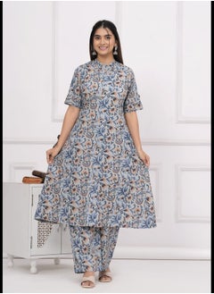 Generic Grey Cotton Kantha Work Digital Print Co-Ord Set  - Image 1