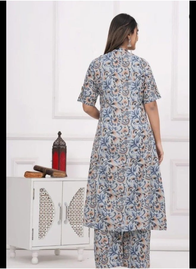 ماركة غير محددة مجموعة الطباعة الرقمية من القطن باللون الرمادي Kantha Work  - Image 2