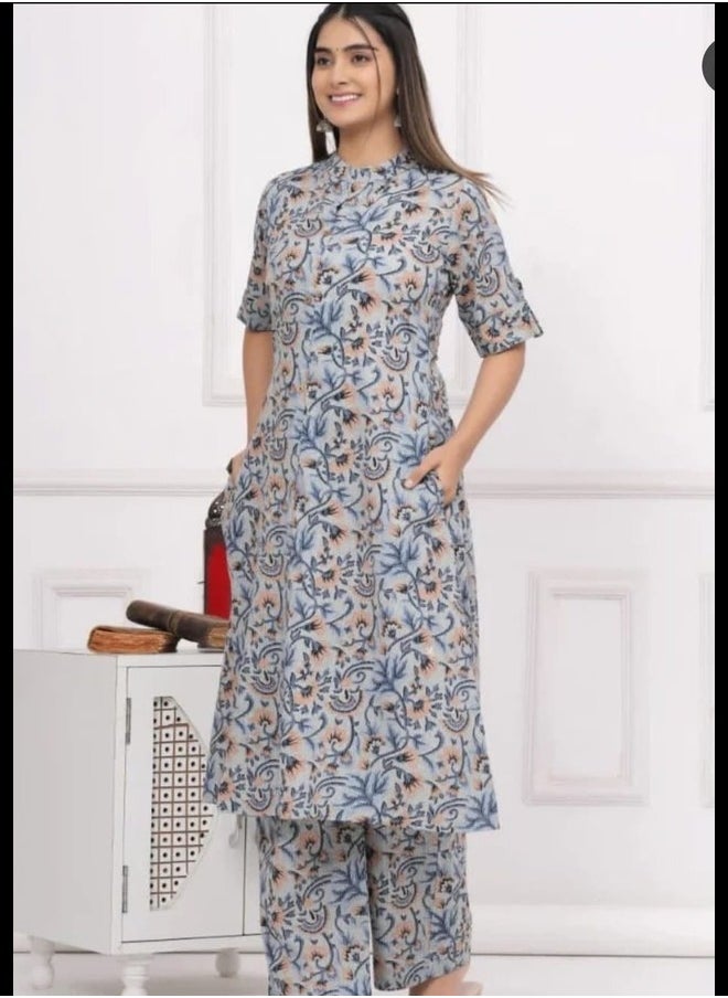 ماركة غير محددة مجموعة الطباعة الرقمية من القطن باللون الرمادي Kantha Work  - Image 3