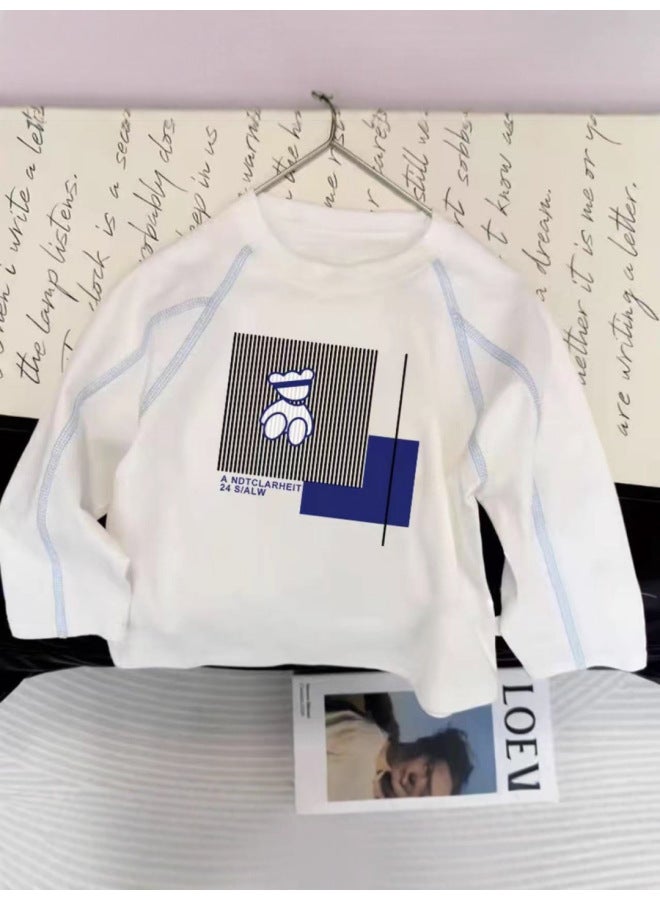 Children's Pure Cotton Round Neck Long-sleeved Boy's Spring & Fall Baby White New Simple Medium And Large Boy's Loose Bottoming Shirt - Image 4