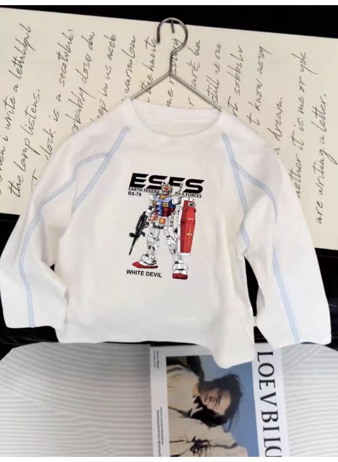 Children's Pure Cotton Round Neck Long-sleeved Boy's Spring & Fall Baby White New Simple Medium And Large Boy's Loose Bottoming Shirt - Image 5