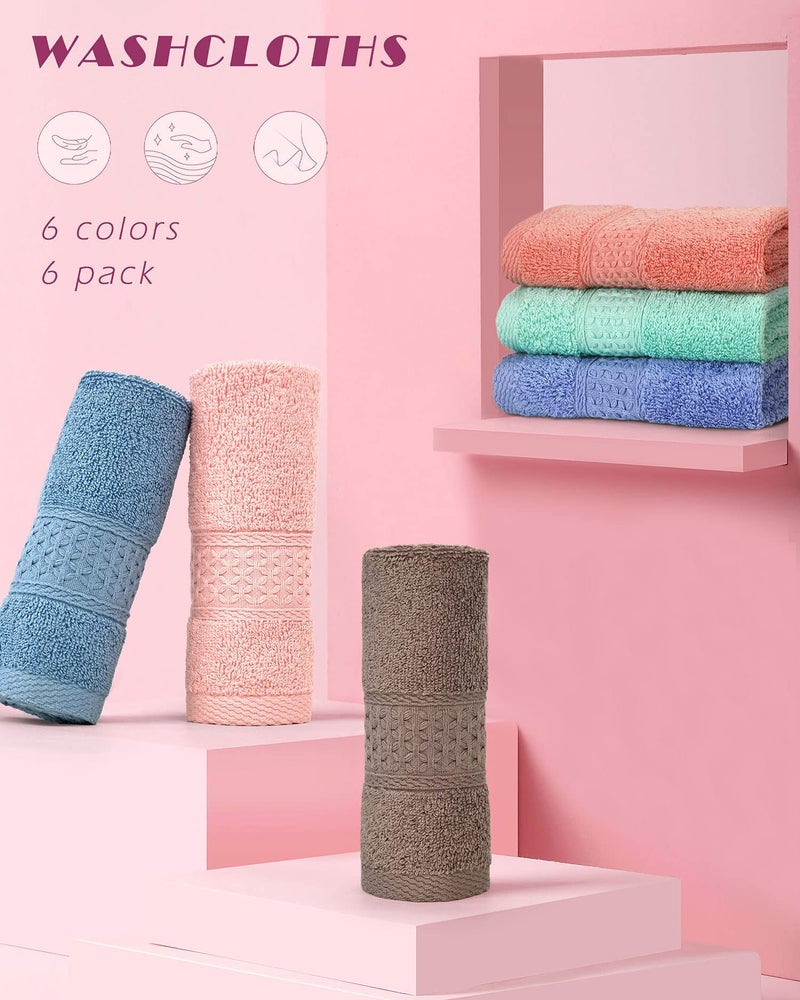 Cleanbear Face-Cloth Washcloths Set,100% Cotton, High Absorbent, 6-Pack 6 Colors, Size13 x13-deep Color - Image 2