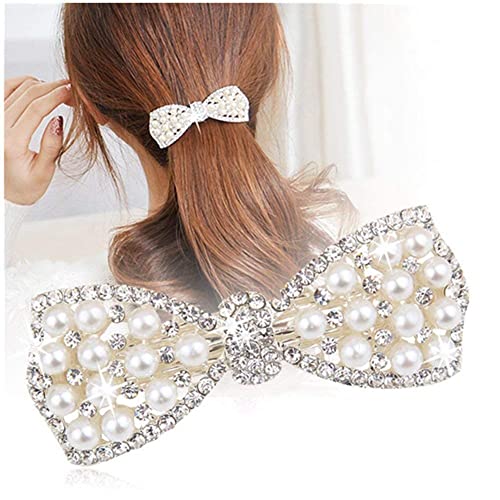 BeeSpring Silver Korean Style Crystal Rhinestone Hair Barrettes Butterfly Pearls Hair Clips Pins for Women (1Pcs) - Image 5