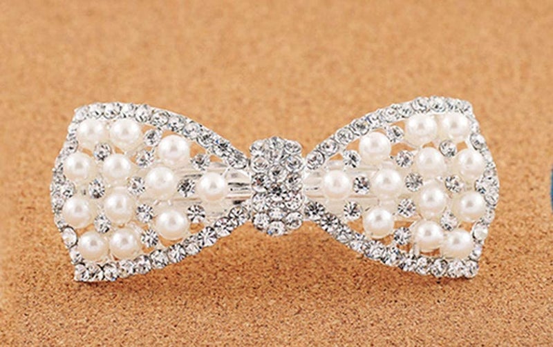 BeeSpring Silver Korean Style Crystal Rhinestone Hair Barrettes Butterfly Pearls Hair Clips Pins for Women (1Pcs) - Image 3