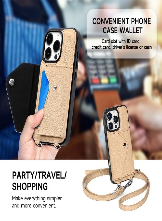 جراب LUCKYCOIN لهاتف iPhone 16 Pro للنساء، جراب محفظة قابل للطي مع حامل بطاقات قابل للتوسيع، محفظة هاتف من الجلد الطبيعي مع حزام، متوافق مع iPhone 16 Pro 6.3 بوصة 2024 بيج - Image 5