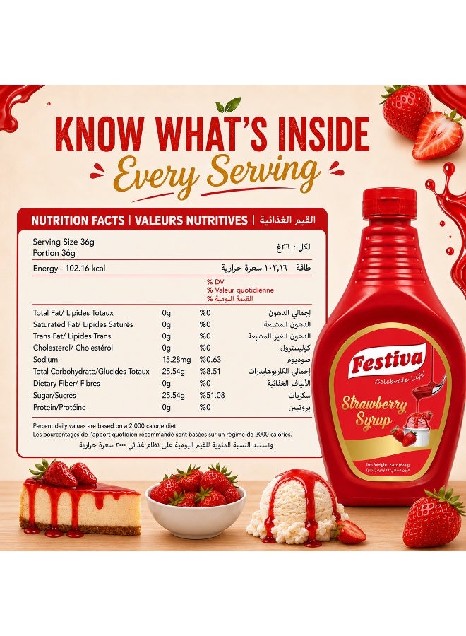 Festiva Strawberry Syrup 624g - Dessert Topping Sauce for Ice Cream, Pancakes, Waffles and Milkshakes - Smooth Strawberry Drizzle Syrup - Image 2