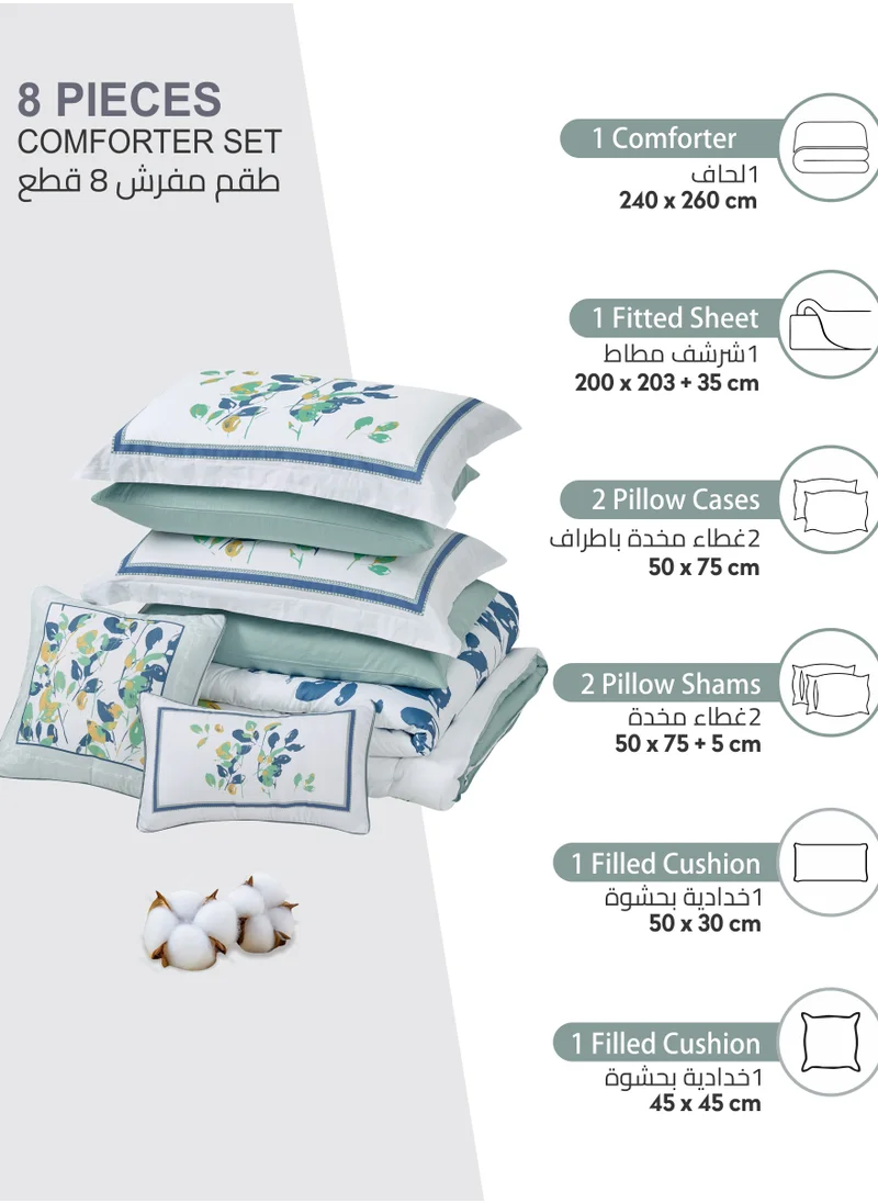 Donetella Cotton Comforter Set 8-Pcs King Size All Season Reversible Floral Printed Bed Fits(200 X 200 Cm) With 350 GSM Down ALternative Filling,Mercury