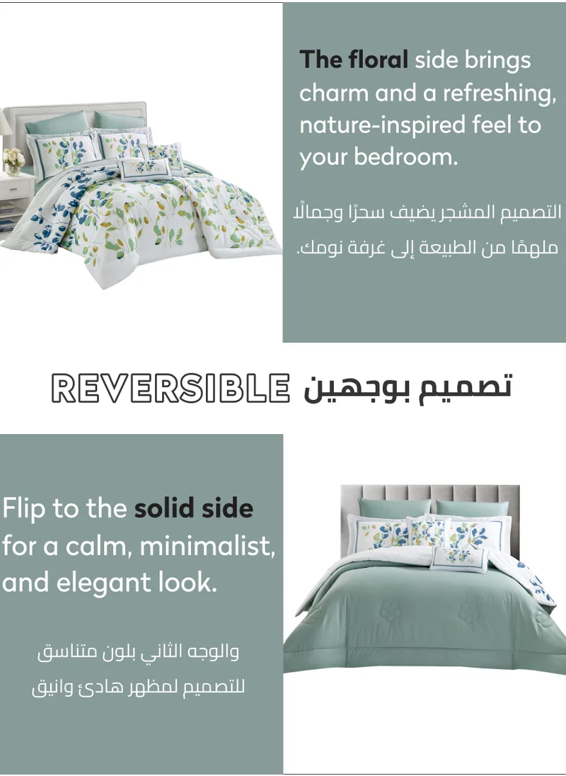 Donetella Cotton Comforter Set 8-Pcs King Size All Season Reversible Floral Printed Bed Fits(200 X 200 Cm) With 350 GSM Down ALternative Filling,Mercury