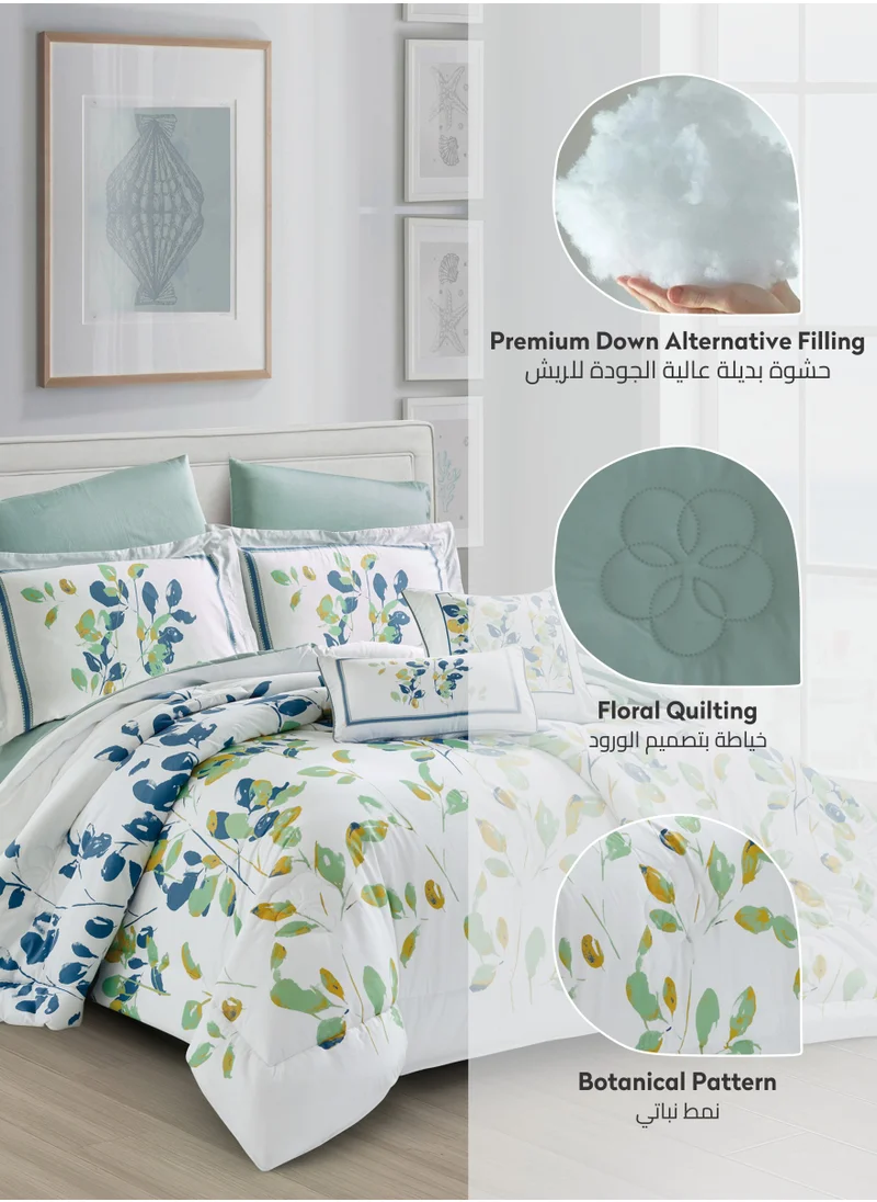 Donetella Cotton Comforter Set 8-Pcs King Size All Season Reversible Floral Printed Bed Fits(200 X 200 Cm) With 350 GSM Down ALternative Filling,Mercury