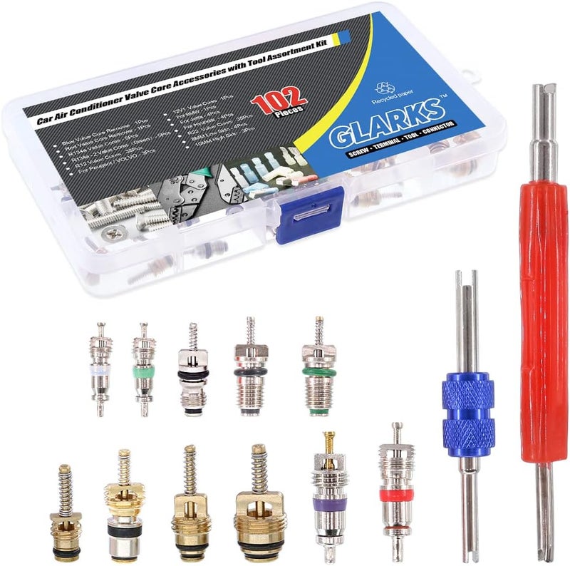 Glarks 102Pcs Car Air Conditioner Valve Core Schrader Valve Cores Accessories A/C R12 R134a Refrigeration Tire Valve Stem with Double Head Dual Dismantling Remover Installer Tool Assortment Kit - Image 1