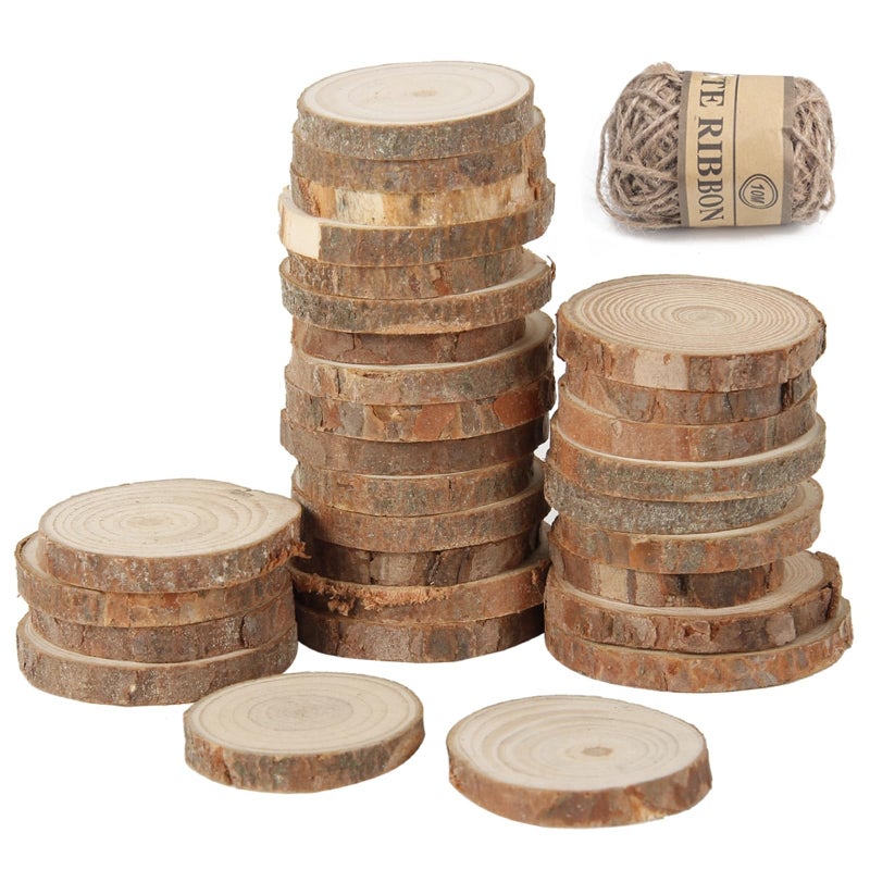 Johouse شرائح خشب طبيعية من JOHOUSE 40 قطعة 2831 بوصة مجموعة خشبية غير مكتملة مثقوبة للحرف اليدوية زينة الزفاف