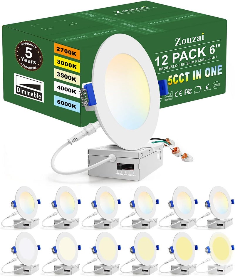 zouzai 12 Pack 6 Inch 5CCT Ultra-Thin LED Recessed Ceiling Light with Junction Box, 2700K/3000K/3500K/4000K/5000K Selectable, 12W Eqv 110W,Dimmable, led can Lights- ETL and Energy Star Certified - Image 1