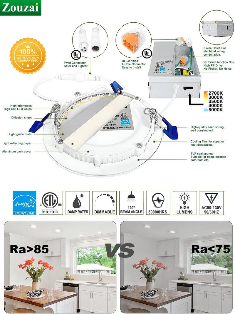 zouzai 12 Pack 6 Inch 5CCT Ultra-Thin LED Recessed Ceiling Light with Junction Box, 2700K/3000K/3500K/4000K/5000K Selectable, 12W Eqv 110W,Dimmable, led can Lights- ETL and Energy Star Certified - Image 4