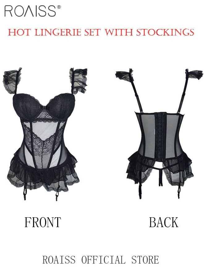 Women's Lingerie Garter Belt Bodysuit with Stockings Open Crotch Short Skirt Nightgown Increase Passion Midnight Charm Pajamas Dress Gift for Ladies Wife Girlfriend
