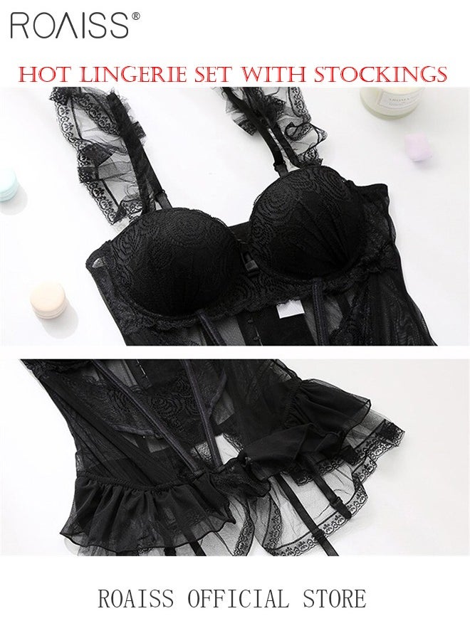 Women's Lingerie Garter Belt Bodysuit with Stockings Open Crotch Short Skirt Nightgown Increase Passion Midnight Charm Pajamas Dress Gift for Ladies Wife Girlfriend