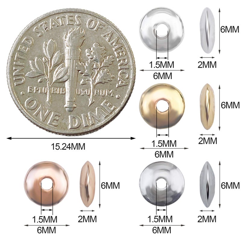 COIRIS 800pcs 4 Colors Round Spacer Beads 6mm Gold Silver Rhodium Rose Gold Plated Metal Loose Disc Beads for Bracelet Necklace Earring Jewelry Making Supplies(RT-CCB1) - Image 3
