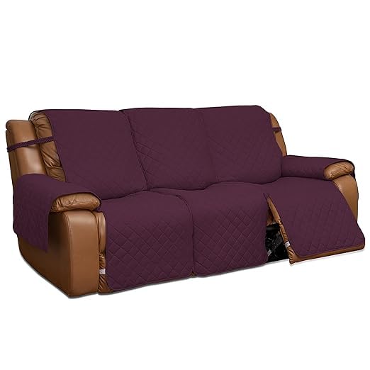 BLESSING PET SUPPLY Recliner Sofa Cover with Console Couch Cover for Living Room Anti Slip Bottom Split Sofa Cover for Each Seat with Elastic Straps for Kids Dogs Pets 3 Seater Recliner Wine