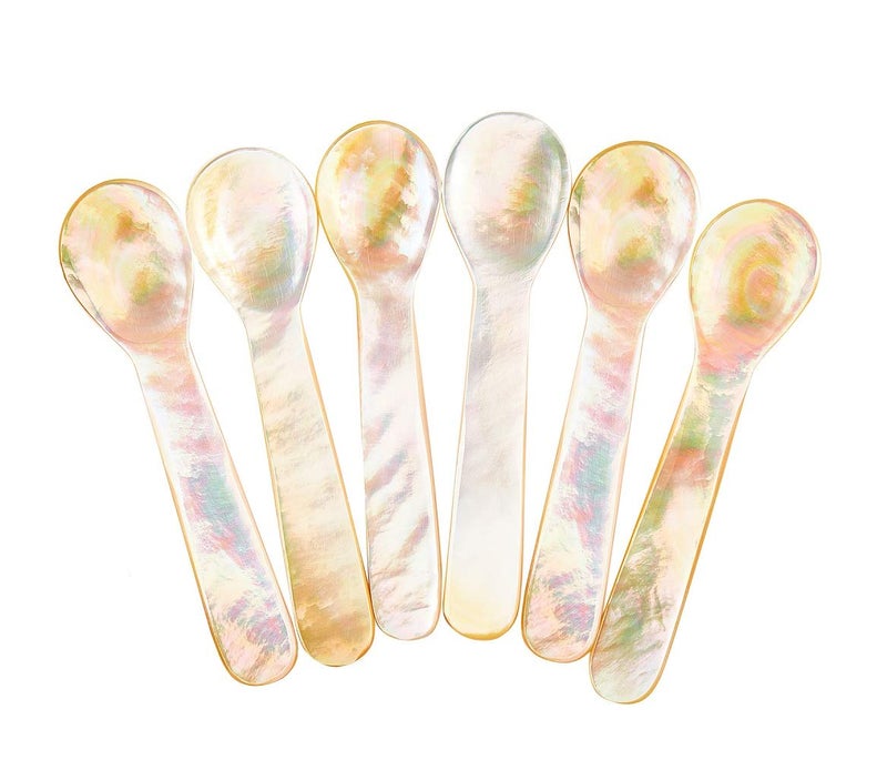 DUEBEL Set of 6 Shining Mother of Pearl MOP 75x2cm Shell Spoons for Caviar Egg Serving Shining