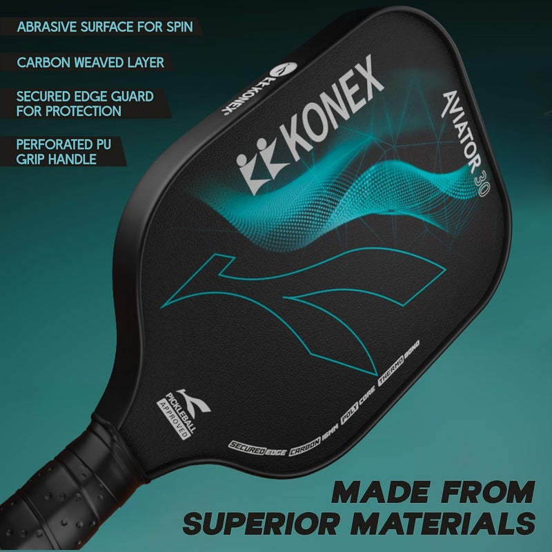 KONEX 16mm Pickleball Paddle with Carbon Fibre Surface | Lightweight Durable Racket with Non Slip PU Comfortable Grip | Includes Sleeve Cover | Ideal for Effortless & Powerful Striking (Black & Green) - Image 3