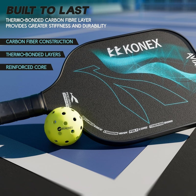 KONEX 16mm Pickleball Paddle with Carbon Fibre Surface | Lightweight Durable Racket with Non Slip PU Comfortable Grip | Includes Sleeve Cover | Ideal for Effortless & Powerful Striking (Black & Green) - Image 2