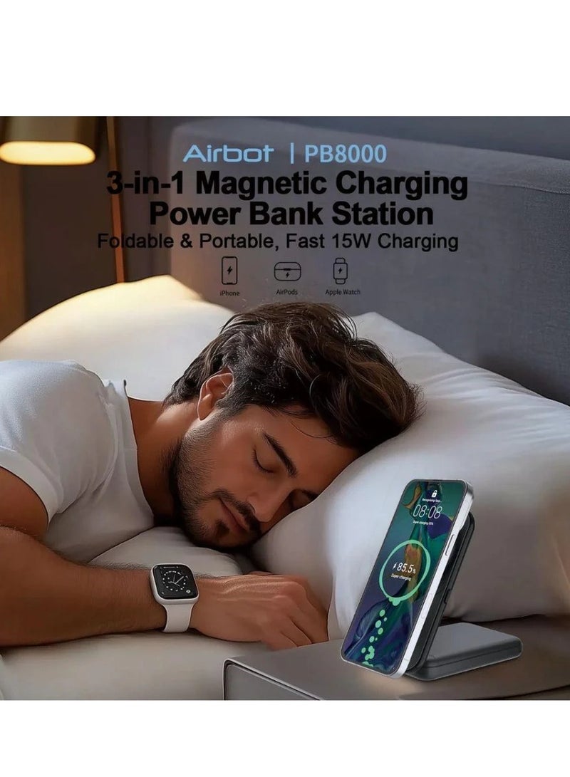 Airbot 8000mAh 3in1 Magnetic Wireless power bank，for smartphones that support wireless charging and iWatch，with Type-C cable and lighting cable for wired charging，also functions as a stand，portable power bank for travel - Image 4