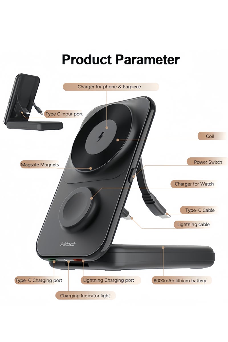 Airbot 8000mAh 3in1 Magnetic Wireless power bank，for smartphones that support wireless charging and iWatch，with Type-C cable and lighting cable for wired charging，also functions as a stand，portable power bank for travel - Image 5