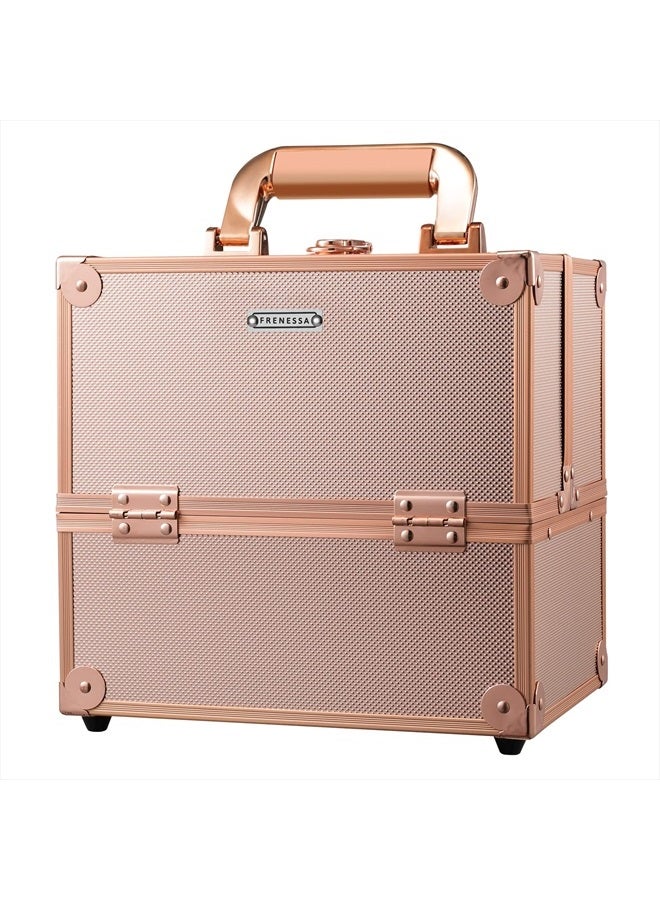 Frenessa Makeup Train Case Rose Gold Cosmetic Travel Box Beauty Makeup Organizer Case 4 Trays Rose Gold Makeup Storage Jewelry Organizer with Lockable Portable for Women Makeup Artist, Craft, Nail Kit - Image 1