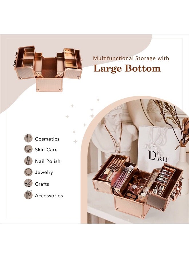 Frenessa Makeup Train Case Rose Gold Cosmetic Travel Box Beauty Makeup Organizer Case 4 Trays Rose Gold Makeup Storage Jewelry Organizer with Lockable Portable for Women Makeup Artist, Craft, Nail Kit - Image 3