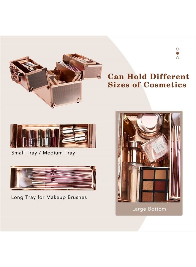 Frenessa Makeup Train Case Rose Gold Cosmetic Travel Box Beauty Makeup Organizer Case 4 Trays Rose Gold Makeup Storage Jewelry Organizer with Lockable Portable for Women Makeup Artist, Craft, Nail Kit - Image 2