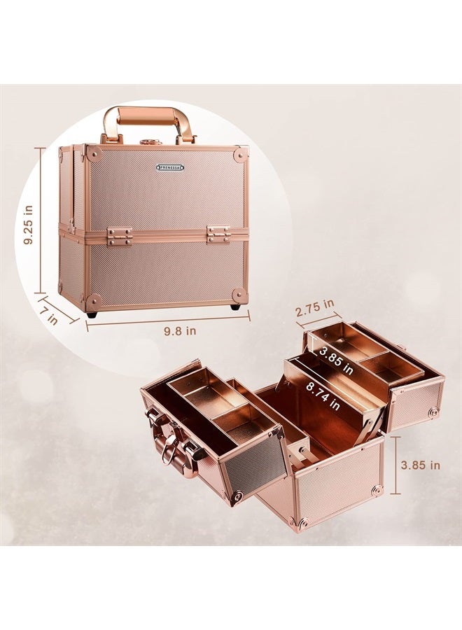 Frenessa Makeup Train Case Rose Gold Cosmetic Travel Box Beauty Makeup Organizer Case 4 Trays Rose Gold Makeup Storage Jewelry Organizer with Lockable Portable for Women Makeup Artist, Craft, Nail Kit - Image 5