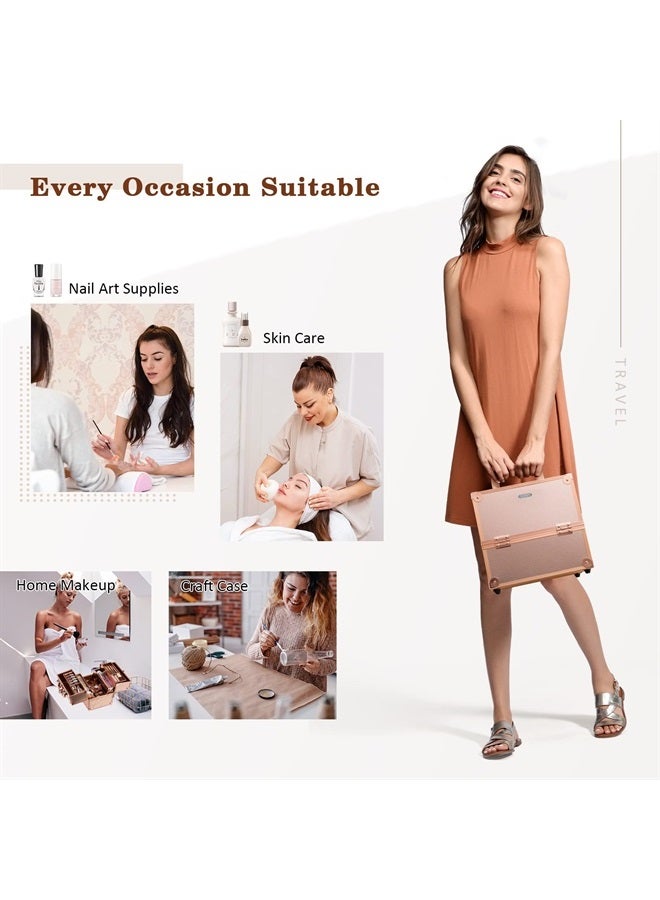 Frenessa Makeup Train Case Rose Gold Cosmetic Travel Box Beauty Makeup Organizer Case 4 Trays Rose Gold Makeup Storage Jewelry Organizer with Lockable Portable for Women Makeup Artist, Craft, Nail Kit - Image 4