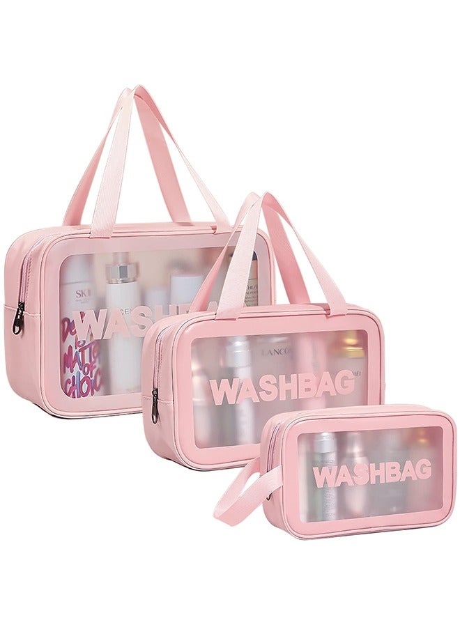 Toiletry Bag for Women Men, 3Pcs Clear Waterproof Makeup Cosmetic Bags for Traveling, Transparent Travel Organizer for Accessories, Toiletries (Pink) - Image 1