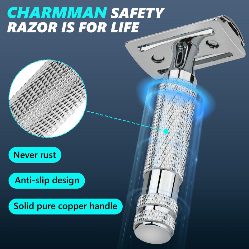 CHARMMAN Classic Double Edge Safety Shaving Razor, Pure Copper Handle,1 Razor + 10 pcs Super Stainless Steel Blades - Image 3