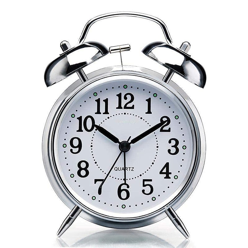 Ncry Twin Bell Plastic Table Alarm Clock for Heavy Sleepers with Night LED Light Display Silver