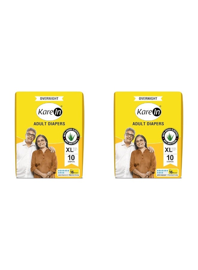 KareIn Overnight Adult Diapers, Extra Large, Waist Size 127-165 Cm (50"-65"), 10 Count, Tape Style, High Absorbency, Odour Free, With Aloe Vera Lotion, Anti-Bacterial, ADL, Leak Proof, Pack of 2