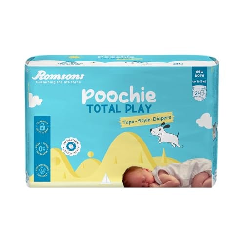 Romsons Poochie Total Play Newborn Tape Style Baby Diapers - 24 Pieces | Suitable for Up To 5 KG | Antibacterial | Cottony Soft and Leakproof Upto 10 Hrs. - Image 1
