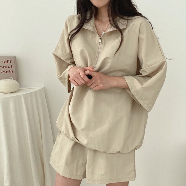 Womens Casual Chic Zip-Up Turtleneck Short Set 073 Khaki (clothes + pants)