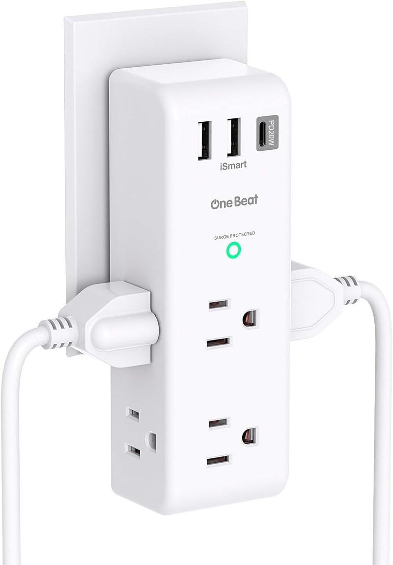 One Beat واقي زيادة التيار مع مقبس دوار، PD 20W، مقبس متعدد 6 منافذ تيار متردد مع 3 منافذ USB (1 USB C)، 1800 جول، شريط طاقة دوار ثلاثي الجوانب مع مقسم منافذ متباعد للمكتب - Image 1